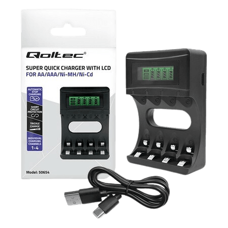 Qoltec nabíjačka batérií pre Ni-MH typ R03 AAA R6 AA | LCD | USB kábel